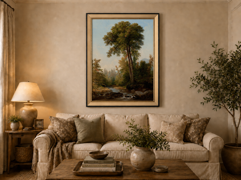Peinture à l'huile de paysage - Ruisseau boisé, Grands arbres, Rochers