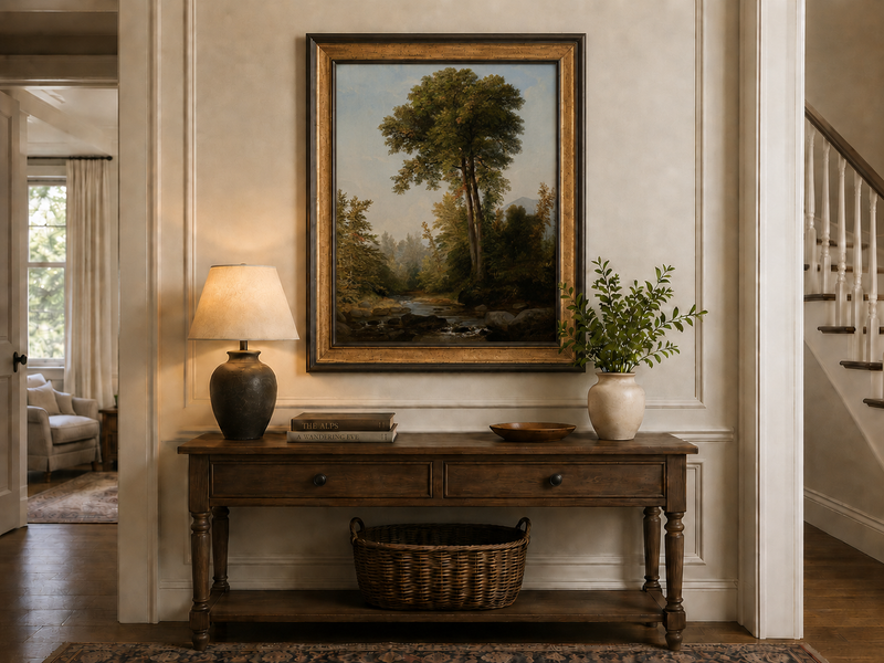 Peinture à l'huile de paysage - Ruisseau boisé, Grands arbres, Rochers