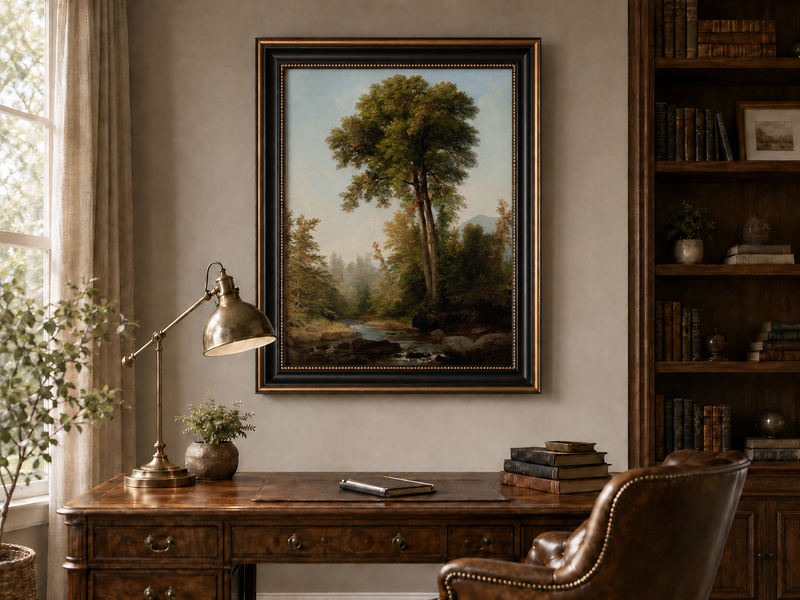 Peinture à l'huile de paysage - Ruisseau boisé, Grands arbres, Rochers