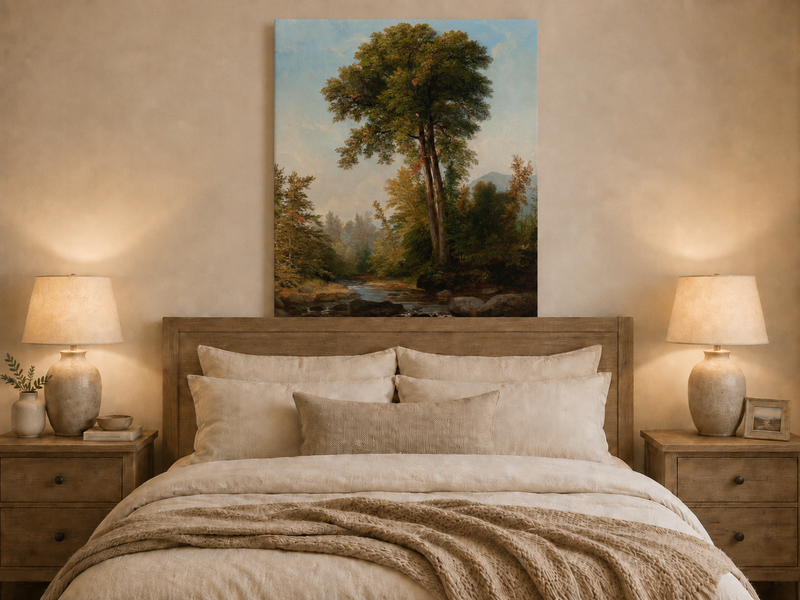 Peinture à l'huile de paysage - Ruisseau boisé, Grands arbres, Rochers