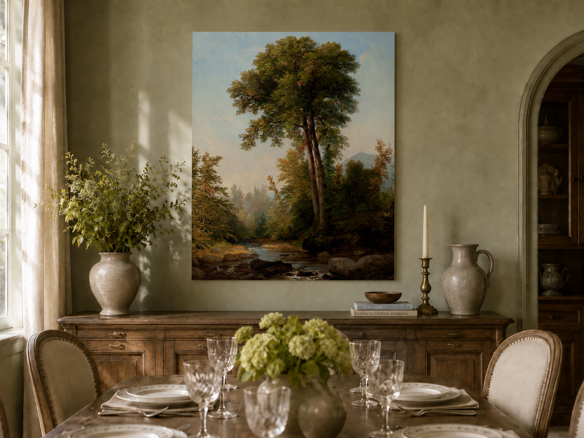 Peinture à l'huile de paysage - Ruisseau boisé, Grands arbres, Rochers