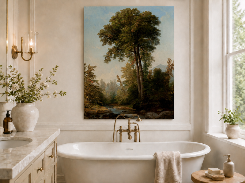 Peinture à l'huile de paysage - Ruisseau boisé, Grands arbres, Rochers