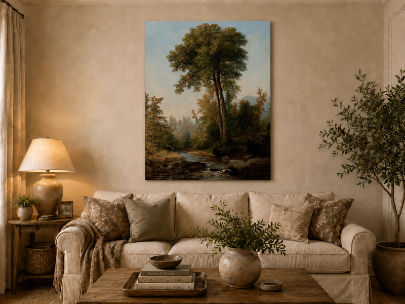 Peinture à l'huile de paysage - Ruisseau boisé, Grands arbres, Rochers