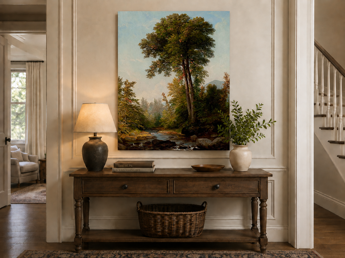 Peinture à l'huile de paysage - Ruisseau boisé, Grands arbres, Rochers