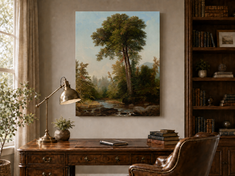 Peinture à l'huile de paysage - Ruisseau boisé, Grands arbres, Rochers
