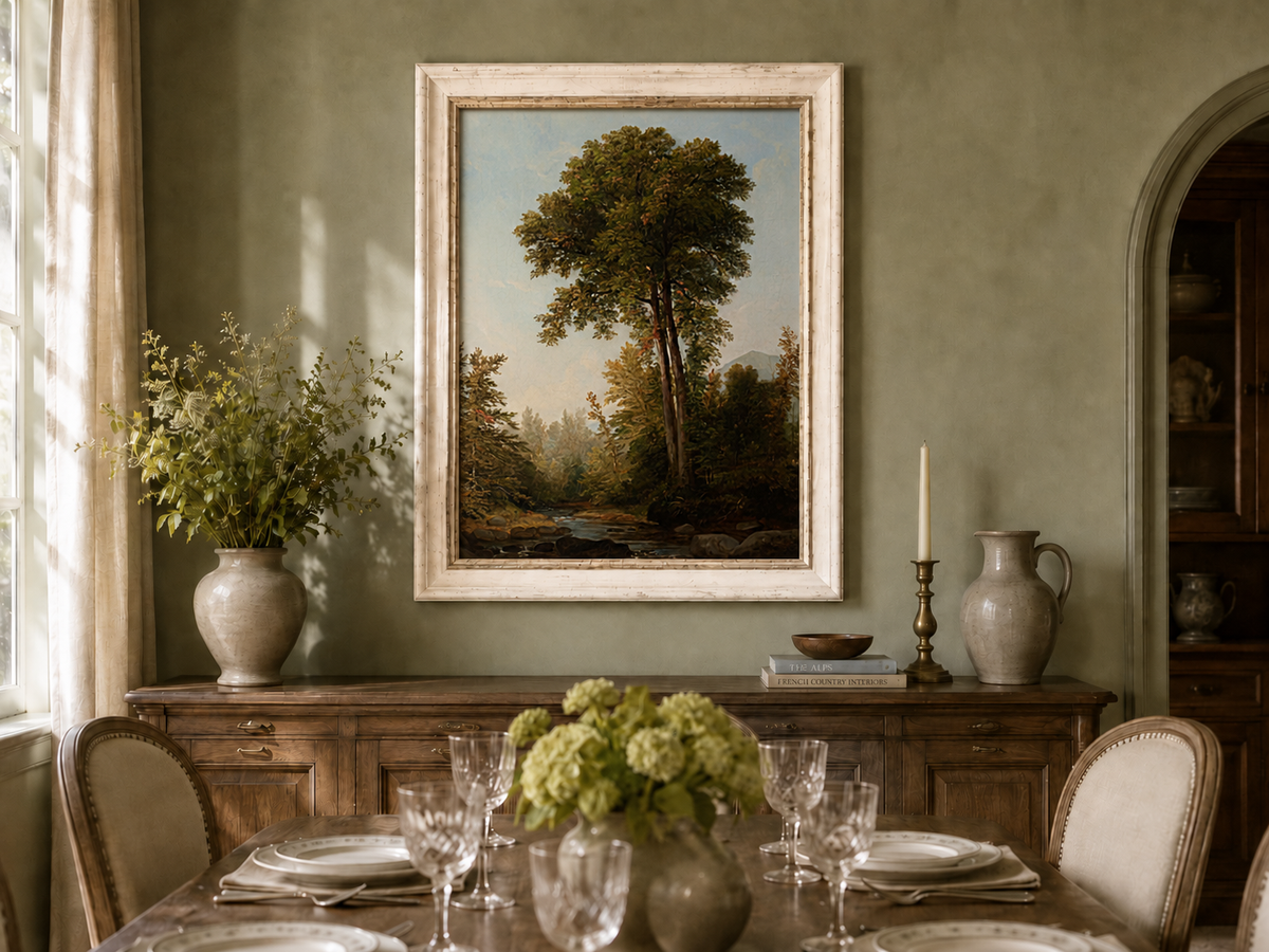 Peinture à l'huile de paysage - Ruisseau boisé, Grands arbres, Rochers
