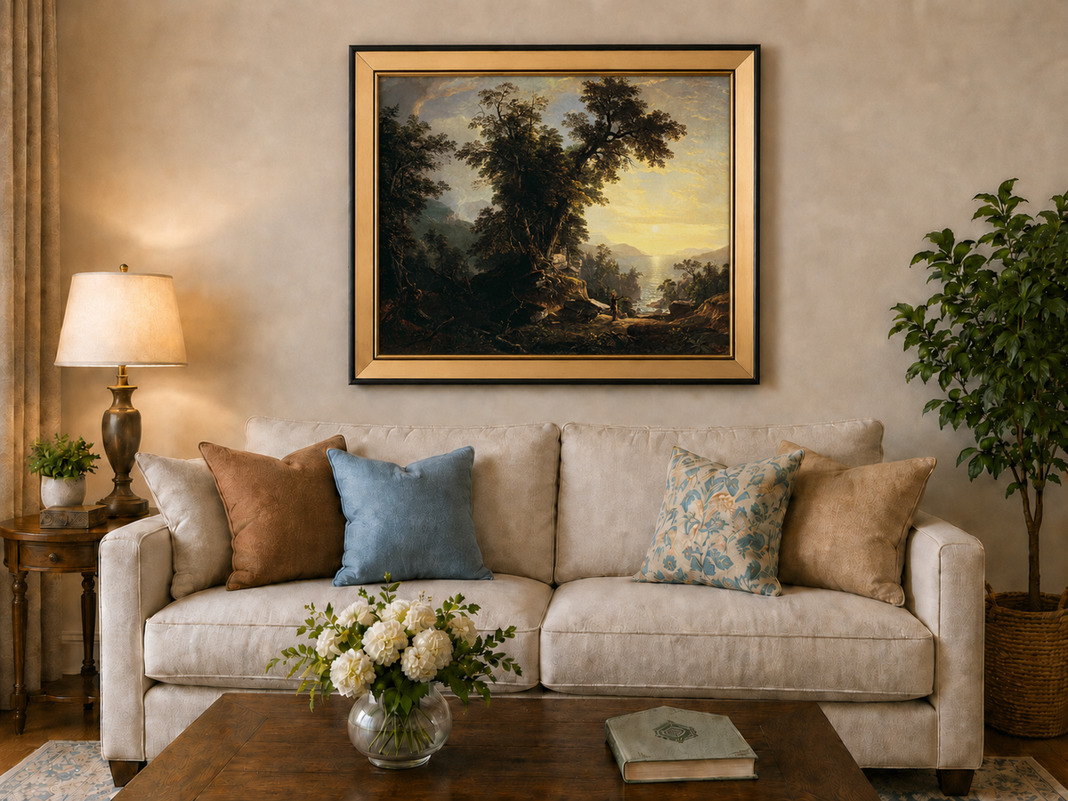 Landscape Oil Painting - Forest River Sunset with Native Figure
