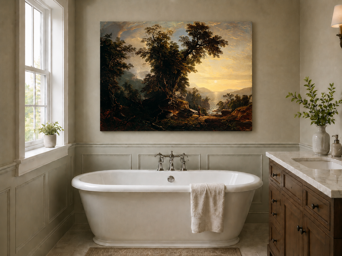 Landscape Oil Painting - Forest River Sunset with Native Figure