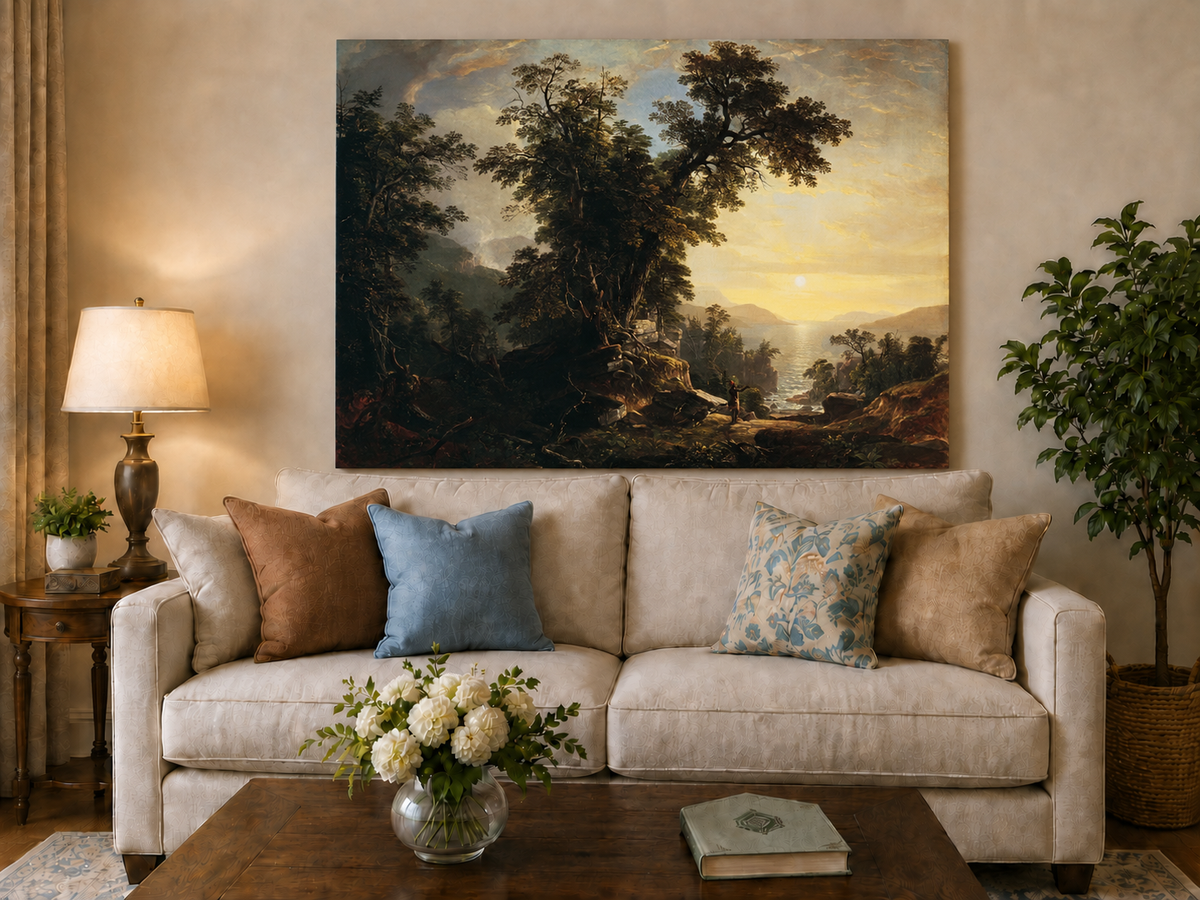 Landscape Oil Painting - Forest River Sunset with Native Figure