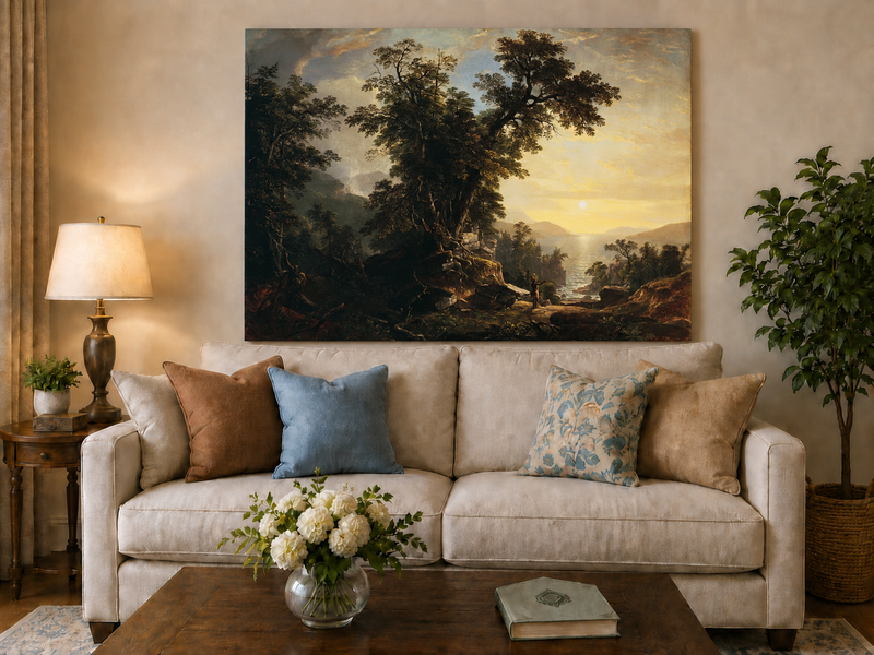 Landscape Oil Painting - Forest River Sunset with Native Figure