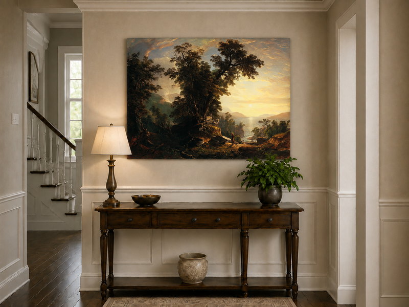 Landscape Oil Painting - Forest River Sunset with Native Figure