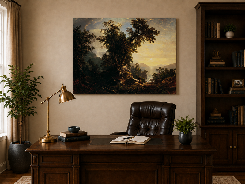 Landscape Oil Painting - Forest River Sunset with Native Figure