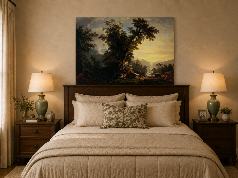 Landscape Oil Painting - Forest River Sunset with Native Figure