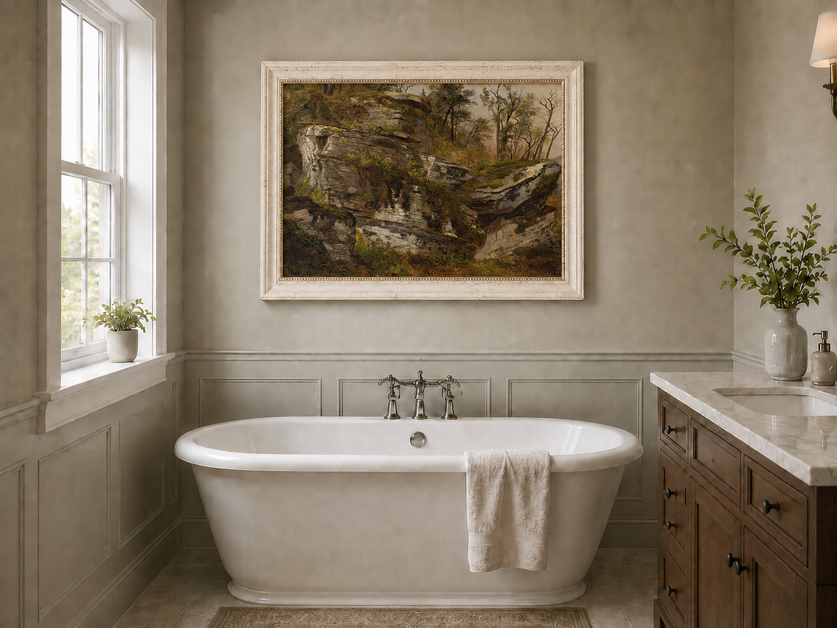 Peinture à l'huile de paysage - Falaise rocheuse dans une forêt