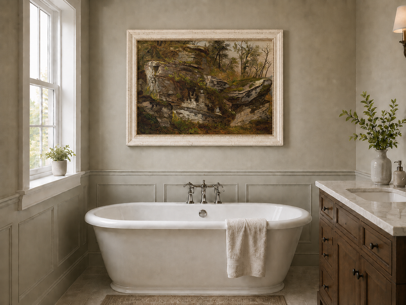 Peinture à l'huile de paysage - Falaise rocheuse dans une forêt