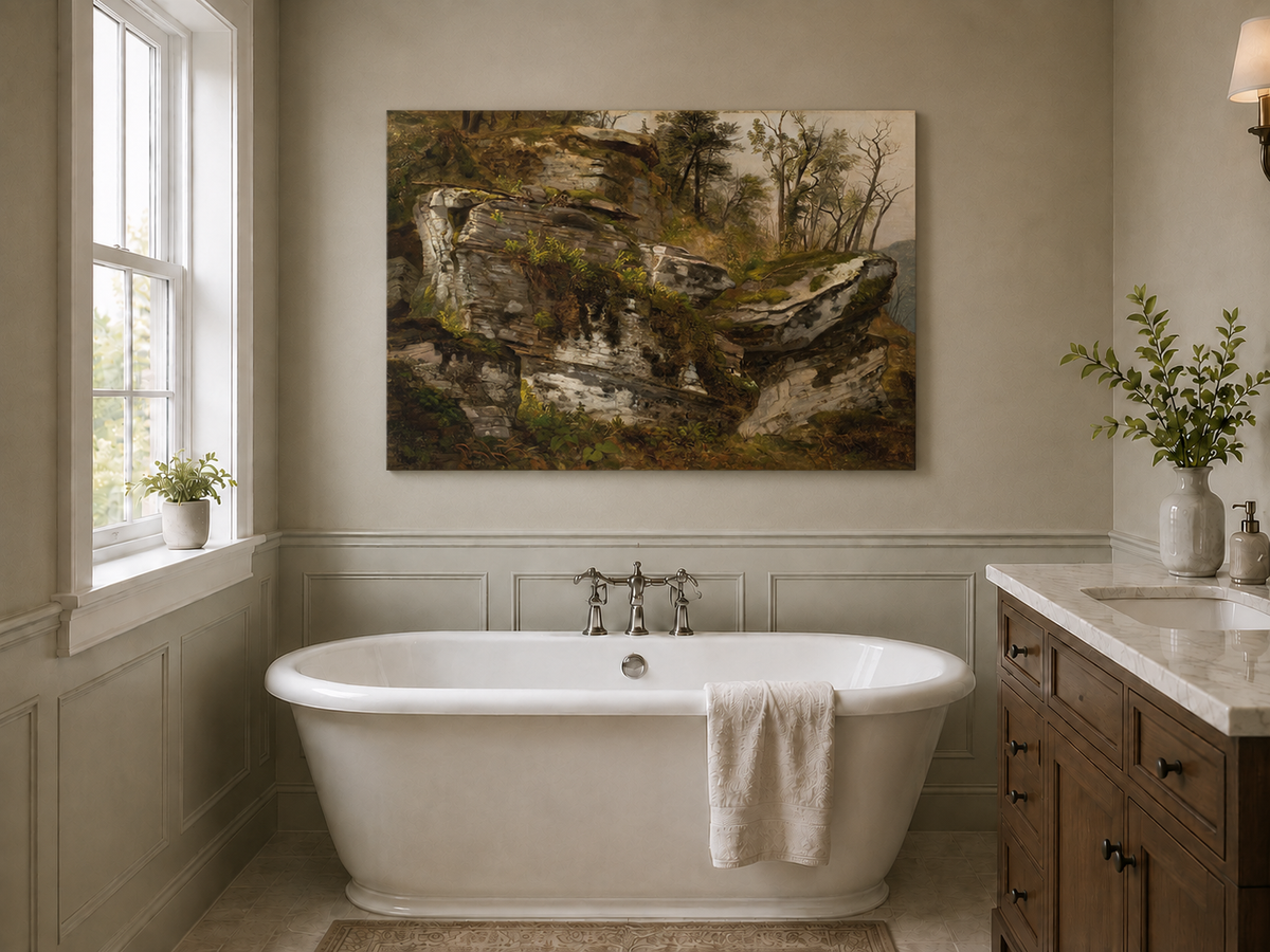 Peinture à l'huile de paysage - Falaise rocheuse dans une forêt