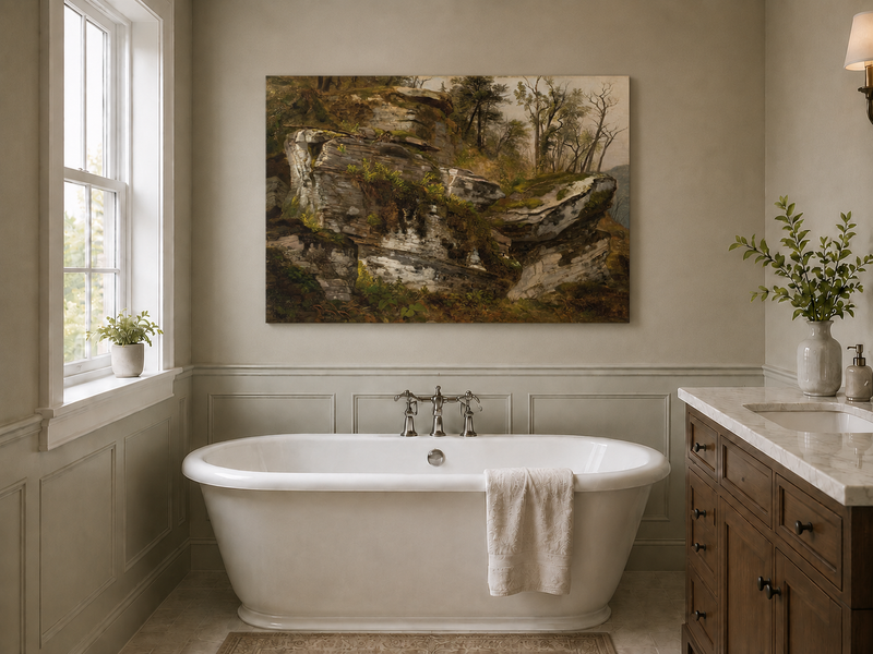 Peinture à l'huile de paysage - Falaise rocheuse dans une forêt