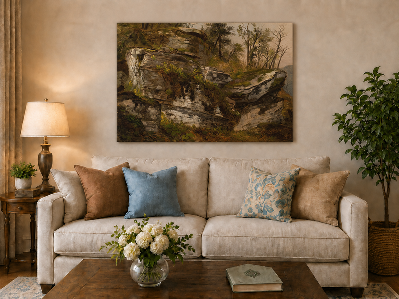 Peinture à l'huile de paysage - Falaise rocheuse dans une forêt