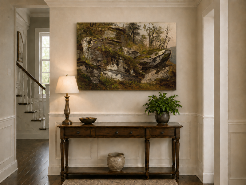 Peinture à l'huile de paysage - Falaise rocheuse dans une forêt