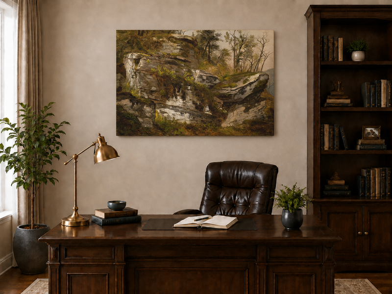 Peinture à l'huile de paysage - Falaise rocheuse dans une forêt