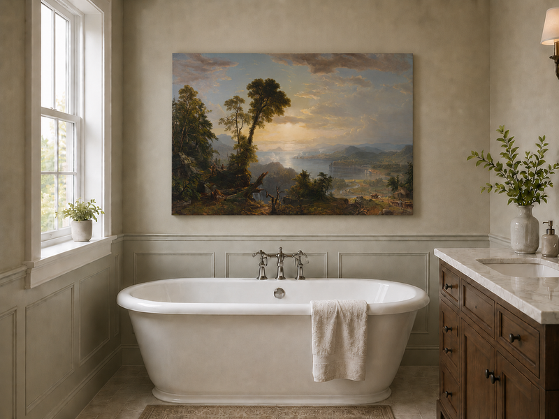 Peinture à l'huile de paysage - Vue d'une vallée fluviale avec des activités humaines
