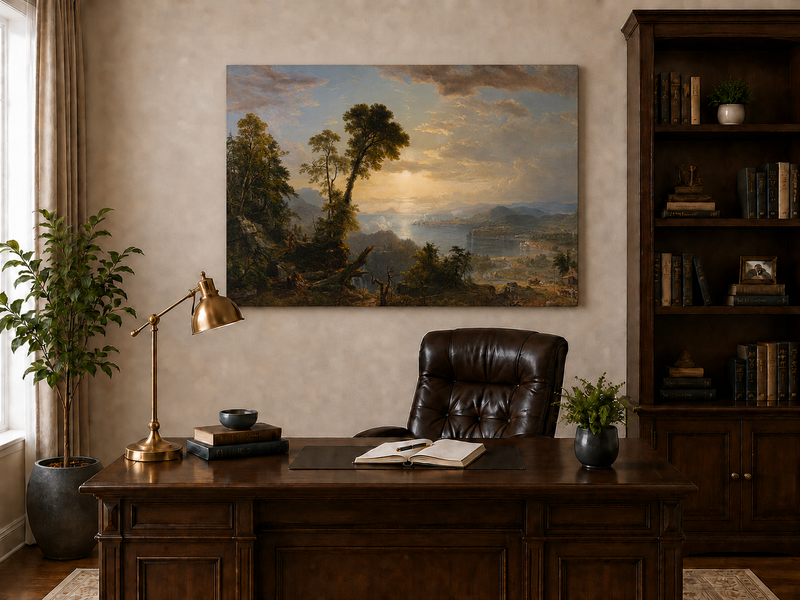 Peinture à l'huile de paysage - Vue d'une vallée fluviale avec des activités humaines