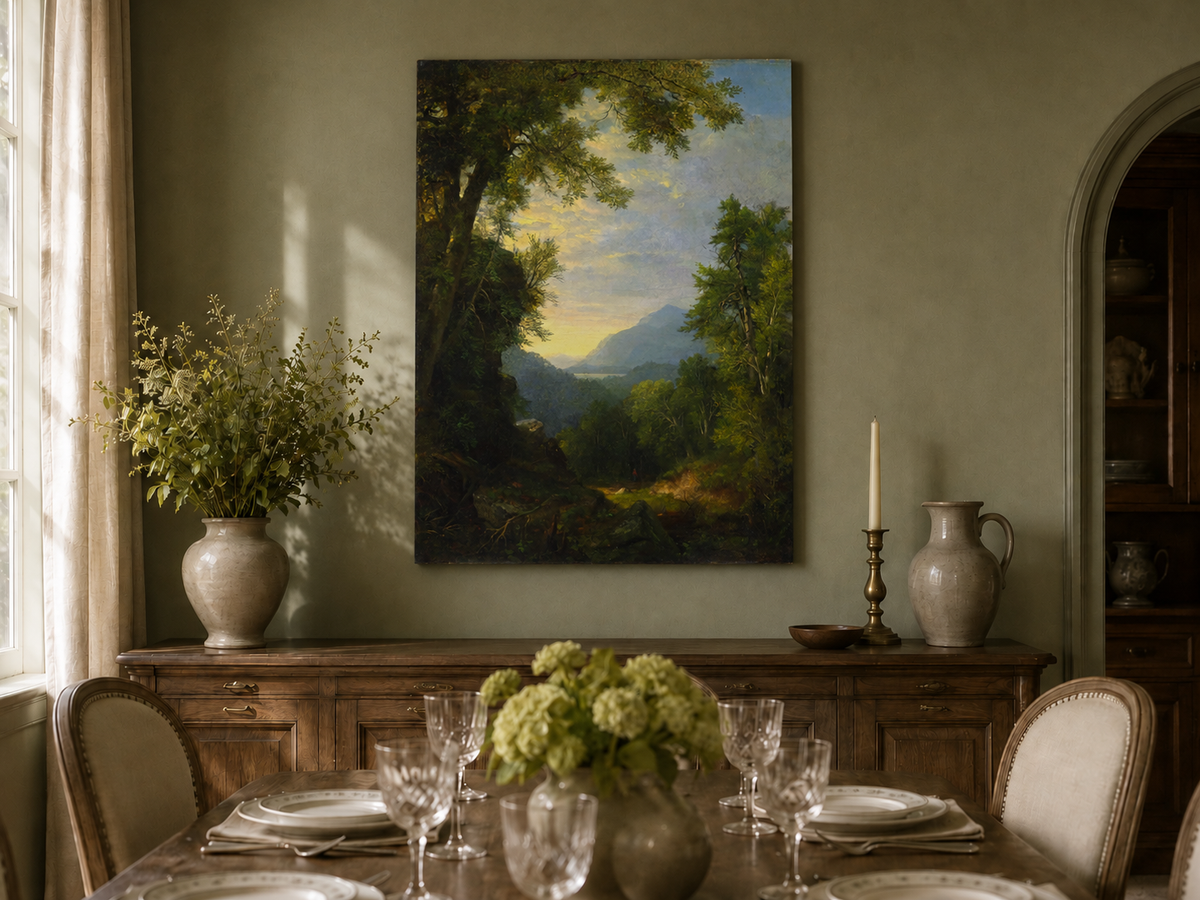 Landscape Oil Painting - Forest Path to Distant Mountains
