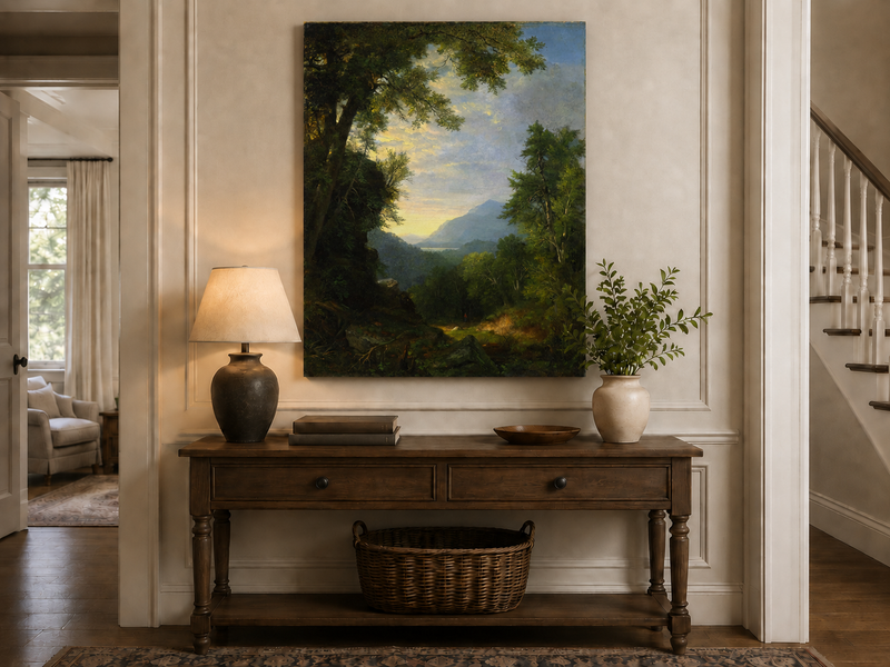 Landscape Oil Painting - Forest Path to Distant Mountains