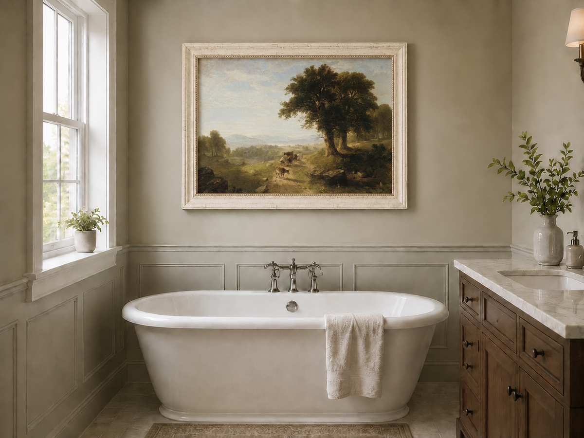 Peinture à l'huile de paysage - Paysage pastoral avec bétail