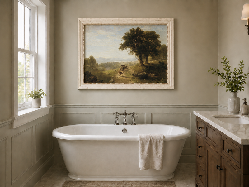 Peinture à l'huile de paysage - Paysage pastoral avec bétail
