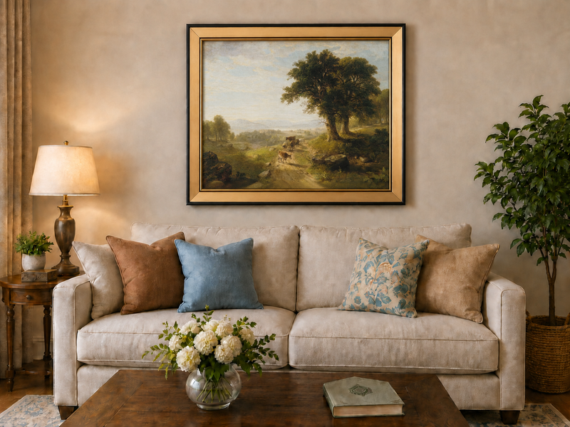 Peinture à l'huile de paysage - Paysage pastoral avec bétail