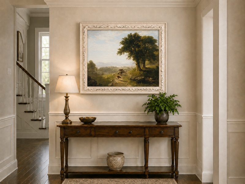 Peinture à l'huile de paysage - Paysage pastoral avec bétail