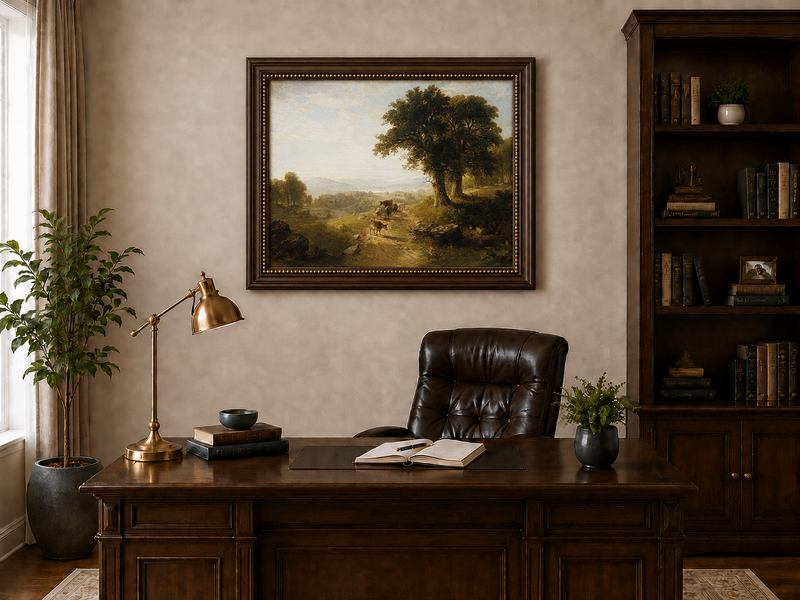 Peinture à l'huile de paysage - Paysage pastoral avec bétail