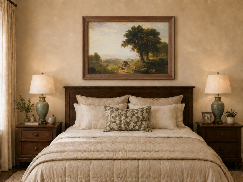 Peinture à l'huile de paysage - Paysage pastoral avec bétail