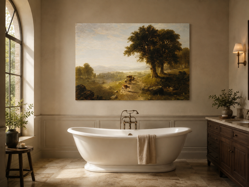 Peinture à l'huile de paysage - Paysage pastoral avec bétail