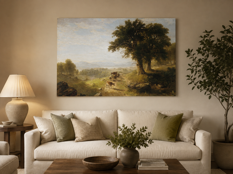 Peinture à l'huile de paysage - Paysage pastoral avec bétail