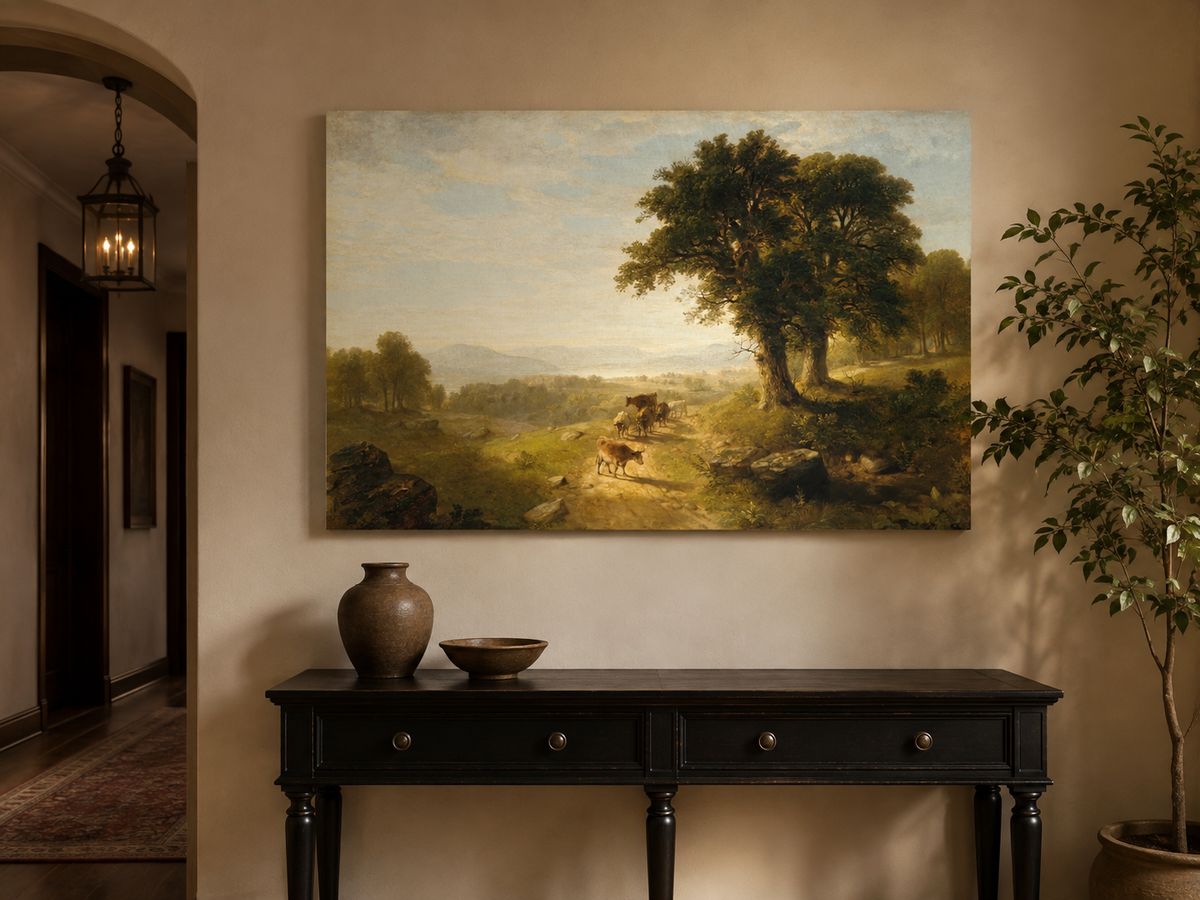 Peinture à l'huile de paysage - Paysage pastoral avec bétail