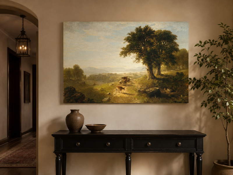 Peinture à l'huile de paysage - Paysage pastoral avec bétail