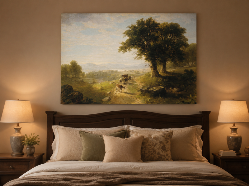 Peinture à l'huile de paysage - Paysage pastoral avec bétail