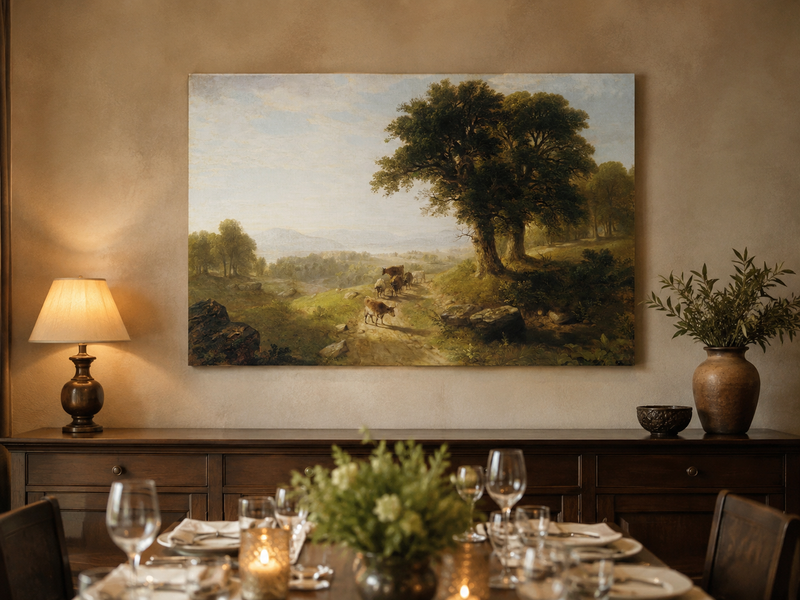 Peinture à l'huile de paysage - Paysage pastoral avec bétail