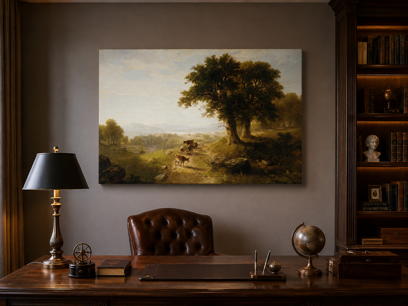 Peinture à l'huile de paysage - Paysage pastoral avec bétail