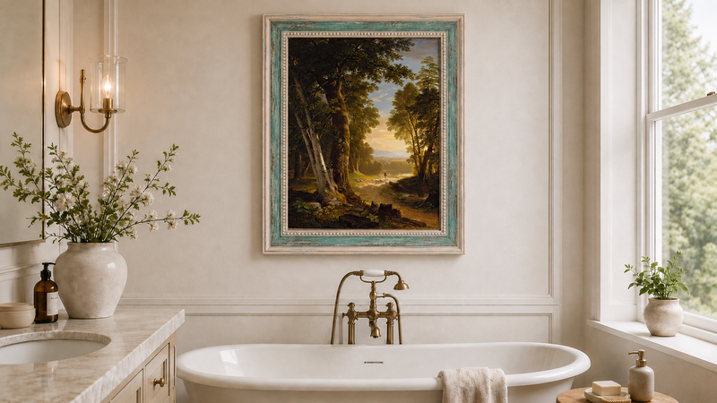 Peinture à l'huile de paysage - Chemin forestier, berger et moutons