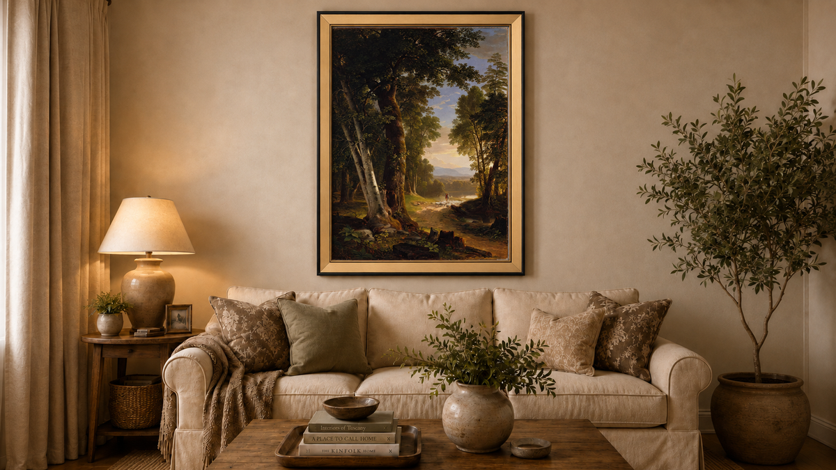 Peinture à l'huile de paysage - Chemin forestier, berger et moutons