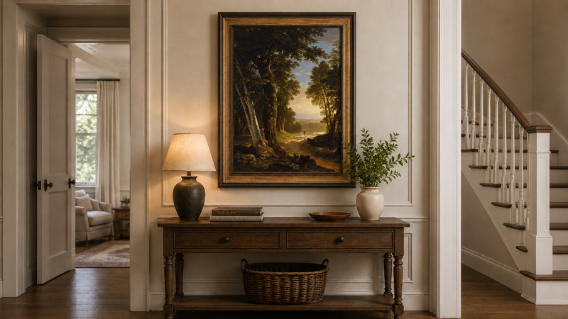 Peinture à l'huile de paysage - Chemin forestier, berger et moutons