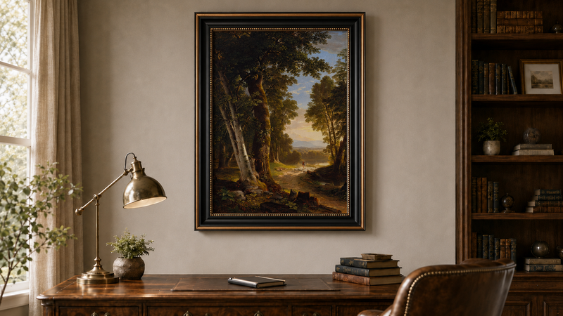 Peinture à l'huile de paysage - Chemin forestier, berger et moutons