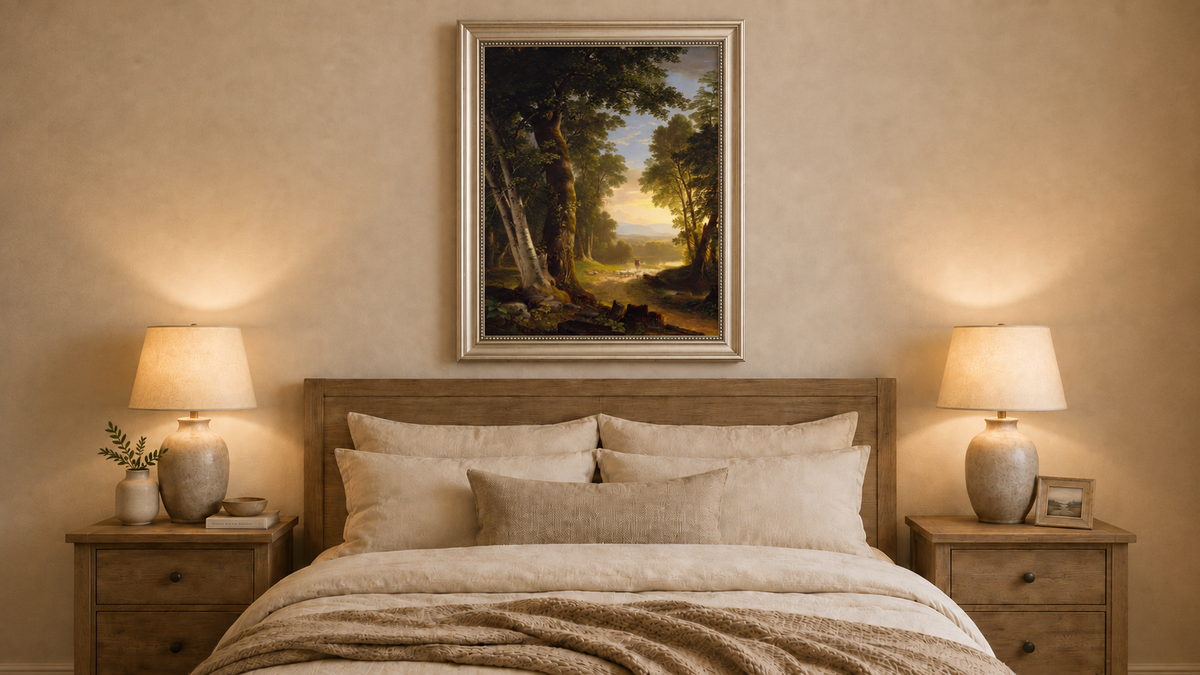Peinture à l'huile de paysage - Chemin forestier, berger et moutons