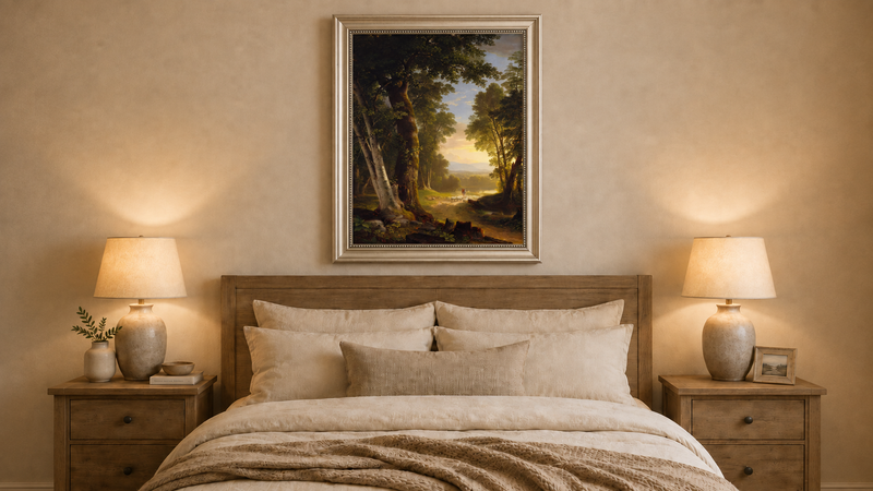 Peinture à l'huile de paysage - Chemin forestier, berger et moutons