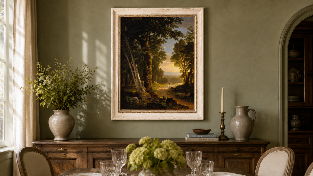 Peinture à l'huile de paysage - Chemin forestier, berger et moutons
