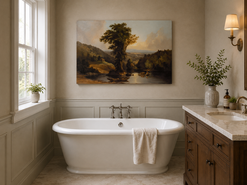 Landscape Oil Painting - River with Tree, Boats & Cabin