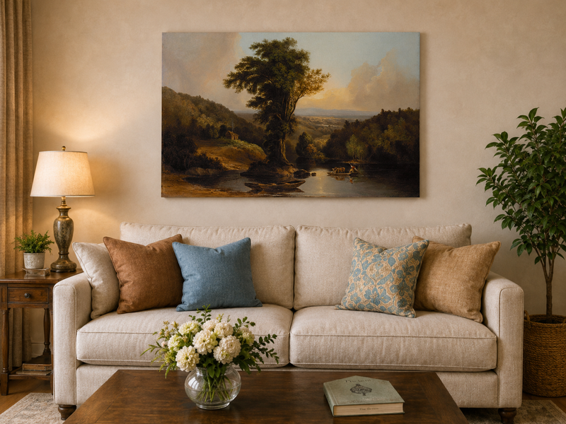 Landscape Oil Painting - River with Tree, Boats & Cabin